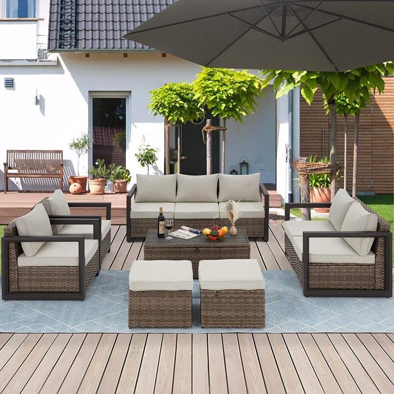 Kahverengi Rattan ve Alüminyum Minderli Depolamalı 7 Kişilik Bahçe Takımı - 209607