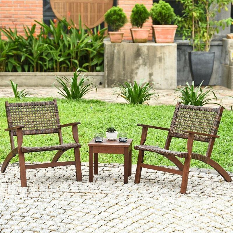 Kahverengi Rattan ve Masif Okaliptüs Ahşap Adirondack 3 Parça Bahçe Takımı - 210648
