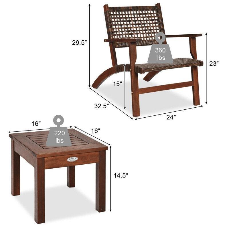 Kahverengi Rattan ve Masif Okaliptüs Ahşap Adirondack 3 Parça Bahçe Takımı - 210648