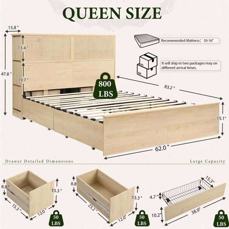 Kahverengi Rattan ve MDF 10 Çekmeceli Dahili Prizli Bohem Karyola - Queen Boy - 182042
