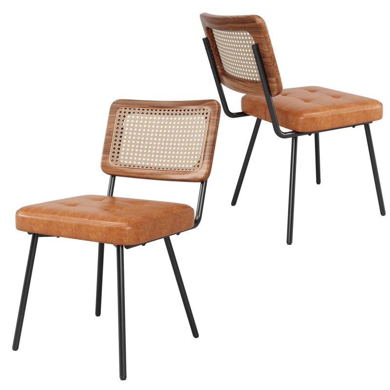 Kahverengi Rattan ve Suni Deri Döşemeli Siyah Metal Ayaklı Bohem Yemek Sandalyesi - 236249
