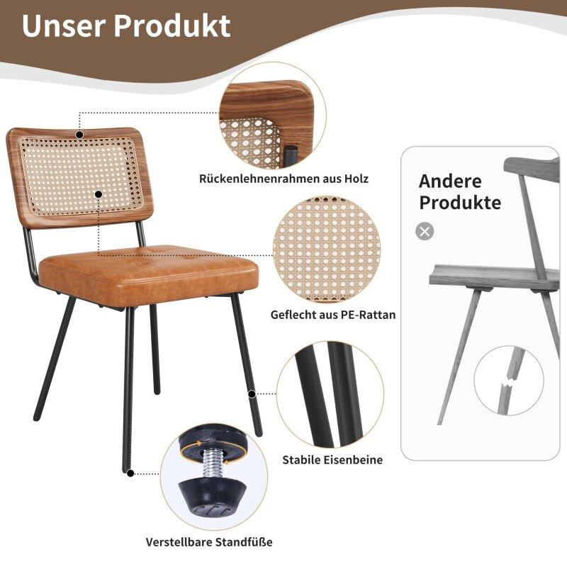 Kahverengi Rattan ve Suni Deri Döşemeli Siyah Metal Ayaklı Bohem Yemek Sandalyesi - 236249