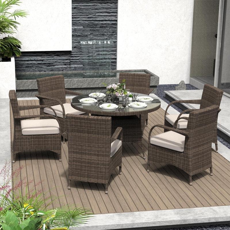 Kahverengi Rattan Yuvarlak Cam Tablalı Şemsiye Delikli 6 Kişilik Bahçe Masa Takımı - 135 cm - 213449
