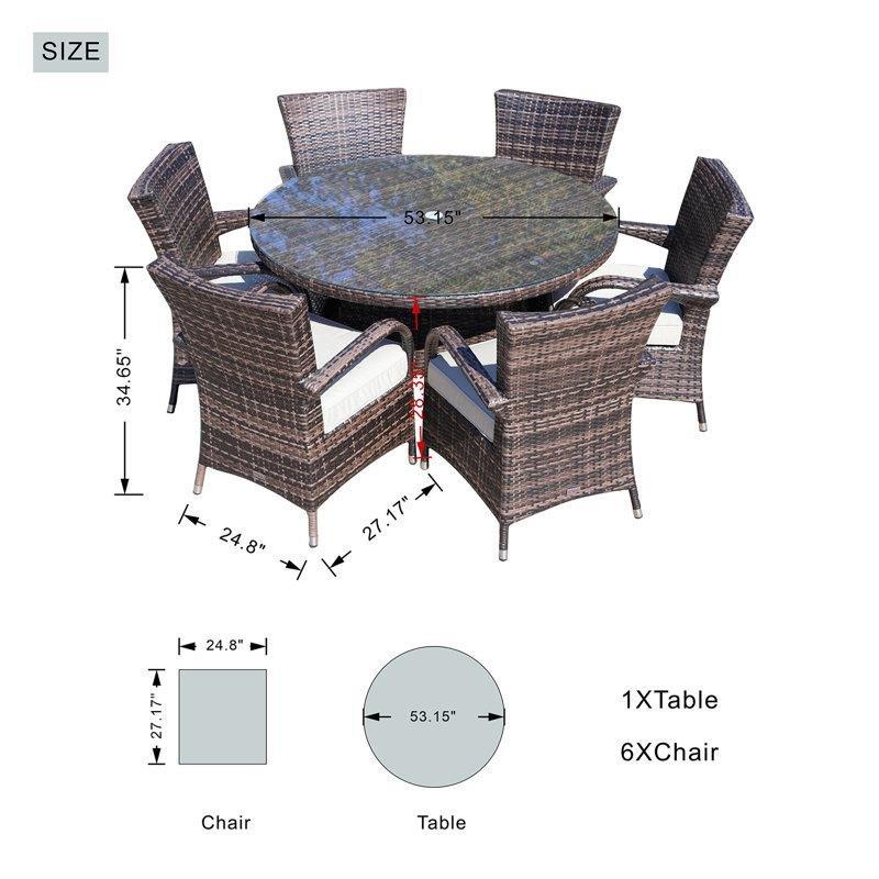 Kahverengi Rattan Yuvarlak Cam Tablalı Şemsiye Delikli 6 Kişilik Bahçe Masa Takımı - 135 cm - 213449