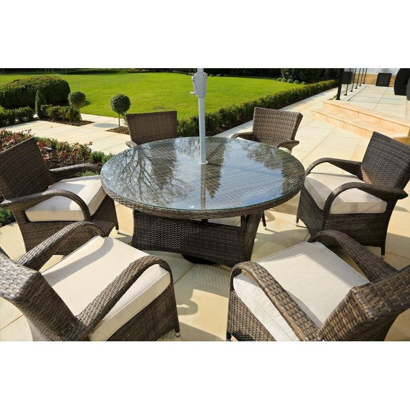 Kahverengi Rattan Yuvarlak Cam Tablalı Şemsiye Delikli 6 Kişilik Bahçe Masa Takımı - 215095