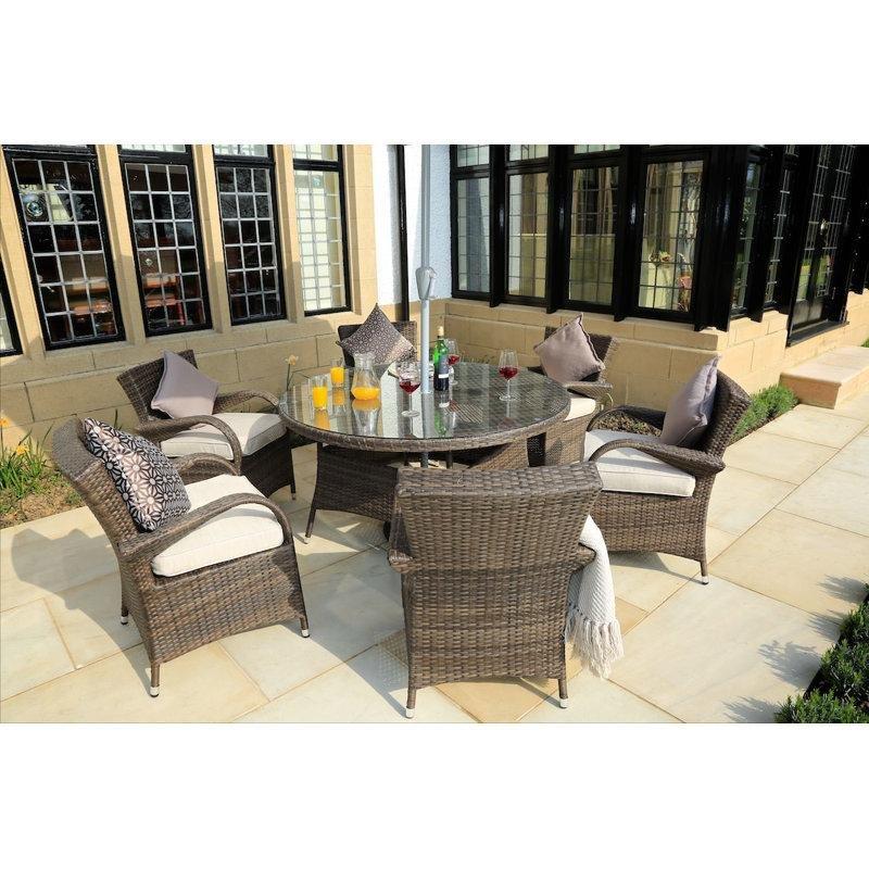 Kahverengi Rattan Yuvarlak Cam Tablalı Şemsiye Delikli 6 Kişilik Bahçe Masa Takımı - 215095