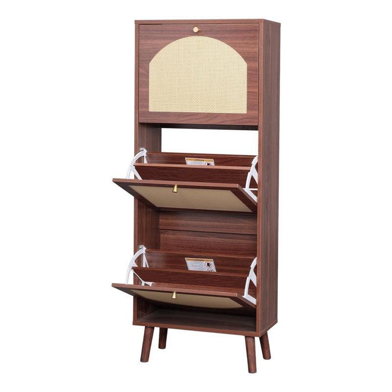 Kahverengi Rattan Yüzeyli Düşer Kapaklı Ahşap Ayakkabılık - 136x55x25 cm - 229661
