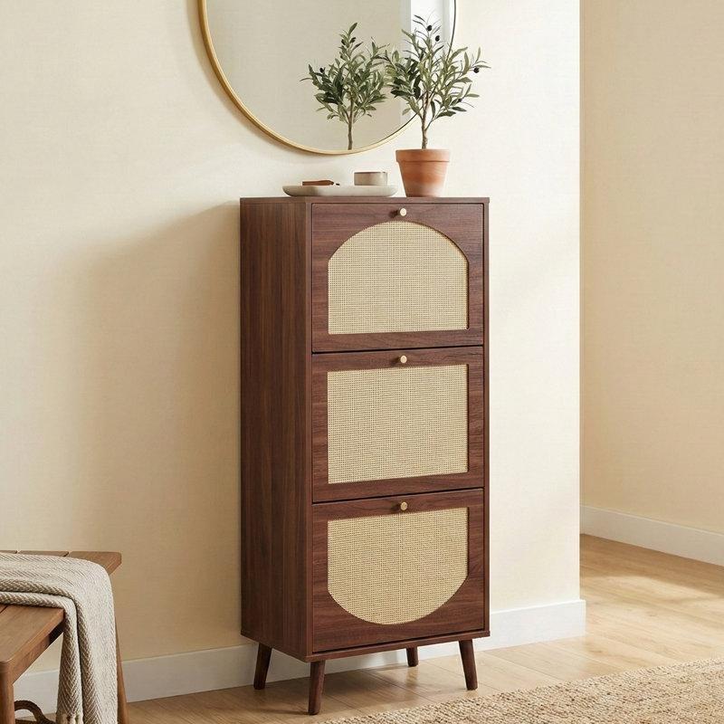 Kahverengi Rattan Yüzeyli Düşer Kapaklı Ahşap Ayakkabılık - 136x55x25 cm - 229661