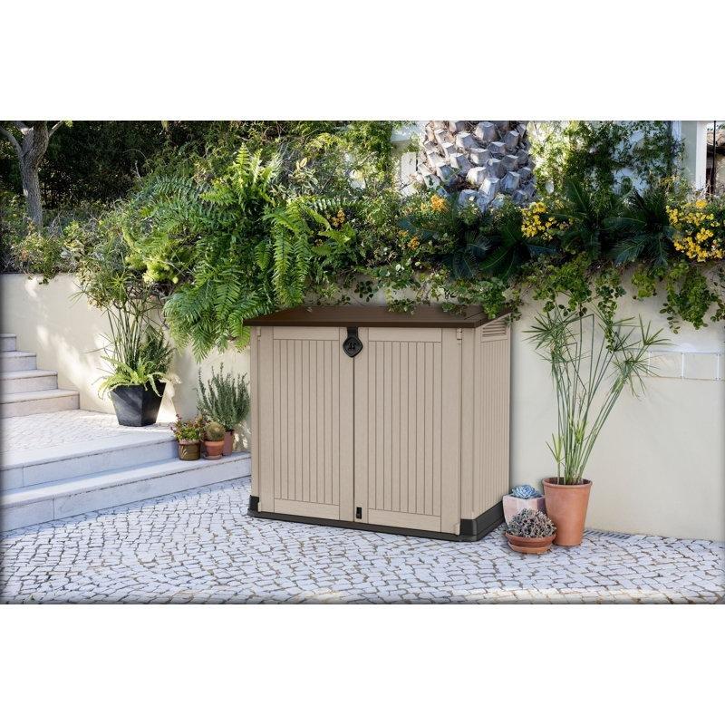 Kahverengi Reçine Ahşap Dokulu Çift Kapaklı Zeminli Bahçe Dolabı - 133x72x114 cm - 163609
