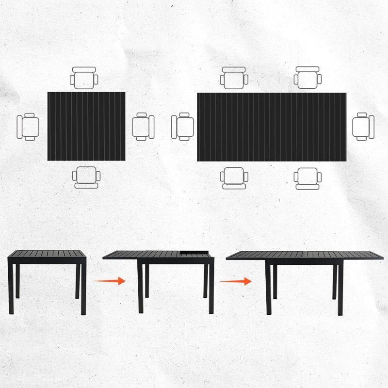 Kahverengi Siyah Çelik Rattan Açılır 6 Kişilik Bahçe Masa Takımı - 200 cm - 215099