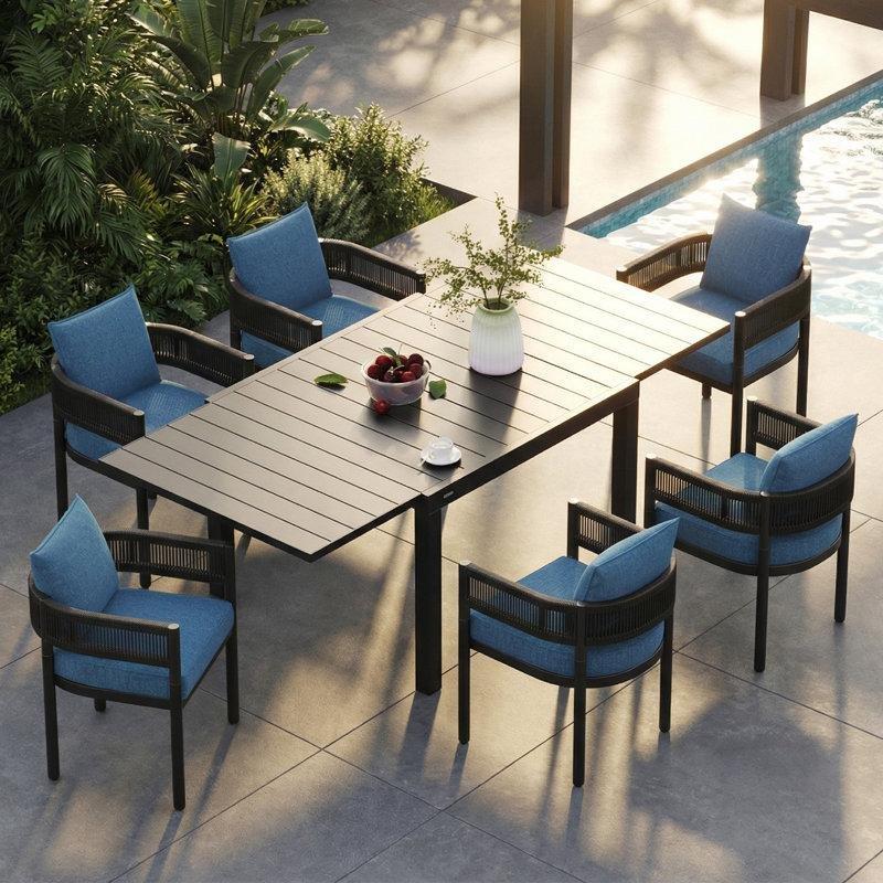 Kahverengi Siyah Çelik Rattan Açılır 6 Kişilik Bahçe Masa Takımı - 200 cm - 215099