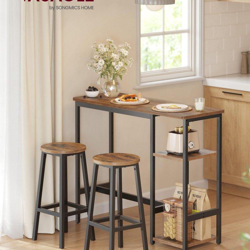 Kahverengi Siyah Çelik ve Sunta Raflı 2 Tabureli Bar Masası Seti - 110x90 cm - 232162