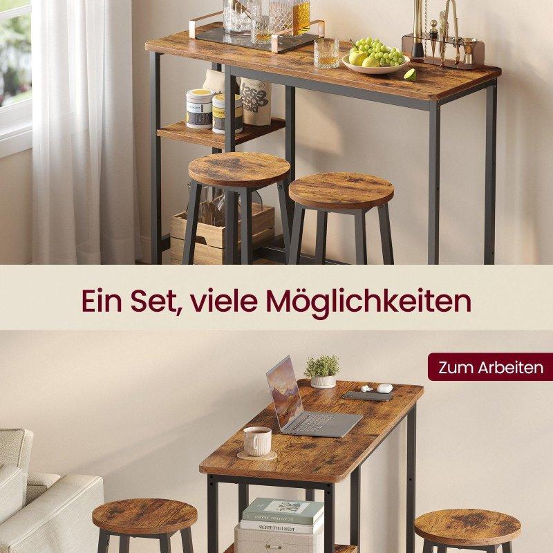 Kahverengi Siyah Çelik ve Sunta Raflı 2 Tabureli Bar Masası Seti - 110x90 cm - 232162