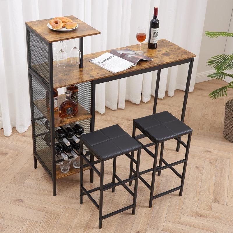 Kahverengi Siyah MDF Raflı ve Şaraplıklı Bar Masası Seti - 122 cm - 231556