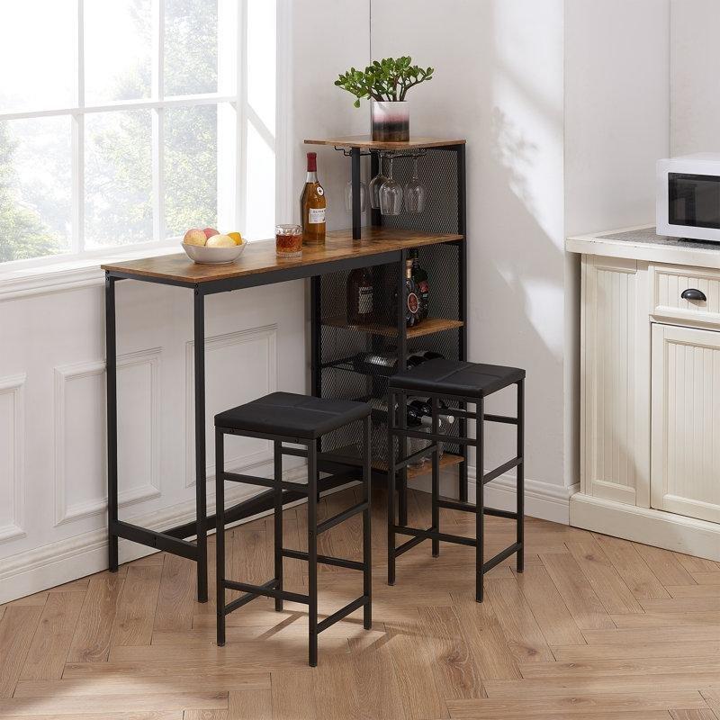 Kahverengi Siyah MDF Raflı ve Şaraplıklı Bar Masası Seti - 122 cm - 231556
