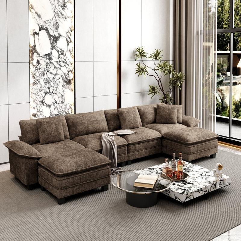 Kahverengi Şönil Kumaş Modüler U Şeklinde 6 Kişilik Puflu Köşe Koltuk Takımı - 401 cm - 194786