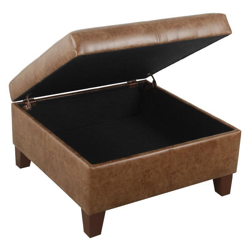 Kahverengi Suni Deri Ahşap Ayaklı Kare Sandıklı Puf - 72x72 cm - 165256