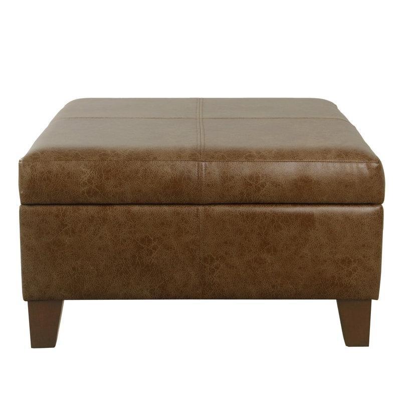 Kahverengi Suni Deri Ahşap Ayaklı Kare Sandıklı Puf - 72x72 cm - 165256