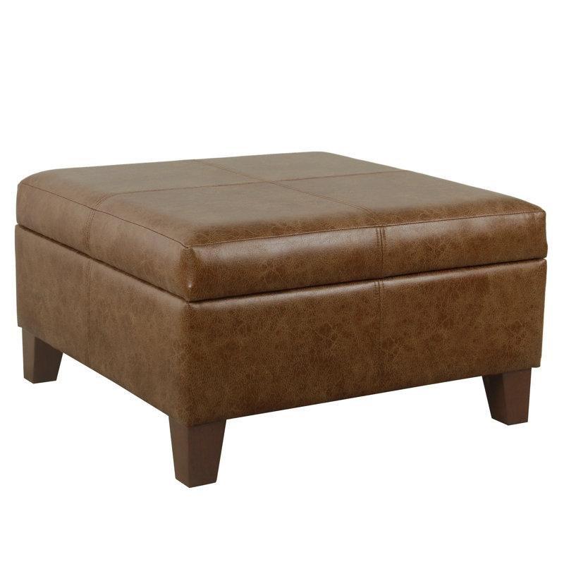 Kahverengi Suni Deri Ahşap Ayaklı Kare Sandıklı Puf - 72x72 cm - 165256