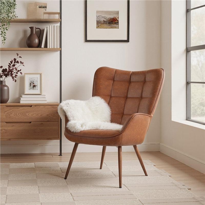 Kahverengi Suni Deri Bisküvi Kapitoneli Berjer Tekli Koltuk - 74x81 cm - 205141