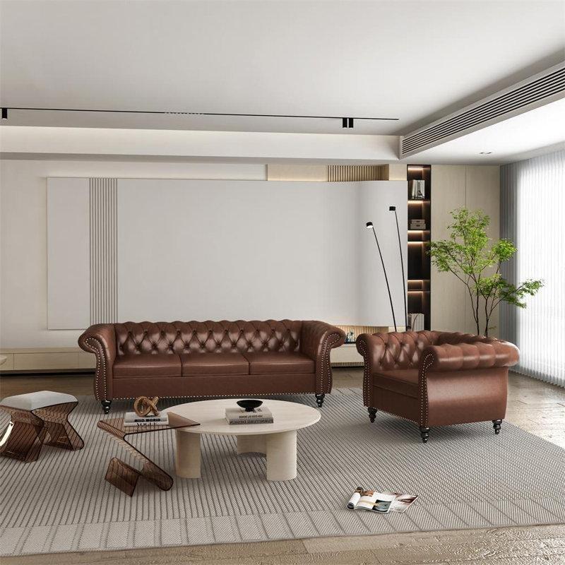 Kahverengi Suni Deri Chester Metal Zımbalı Koltuk Takımı - 192205