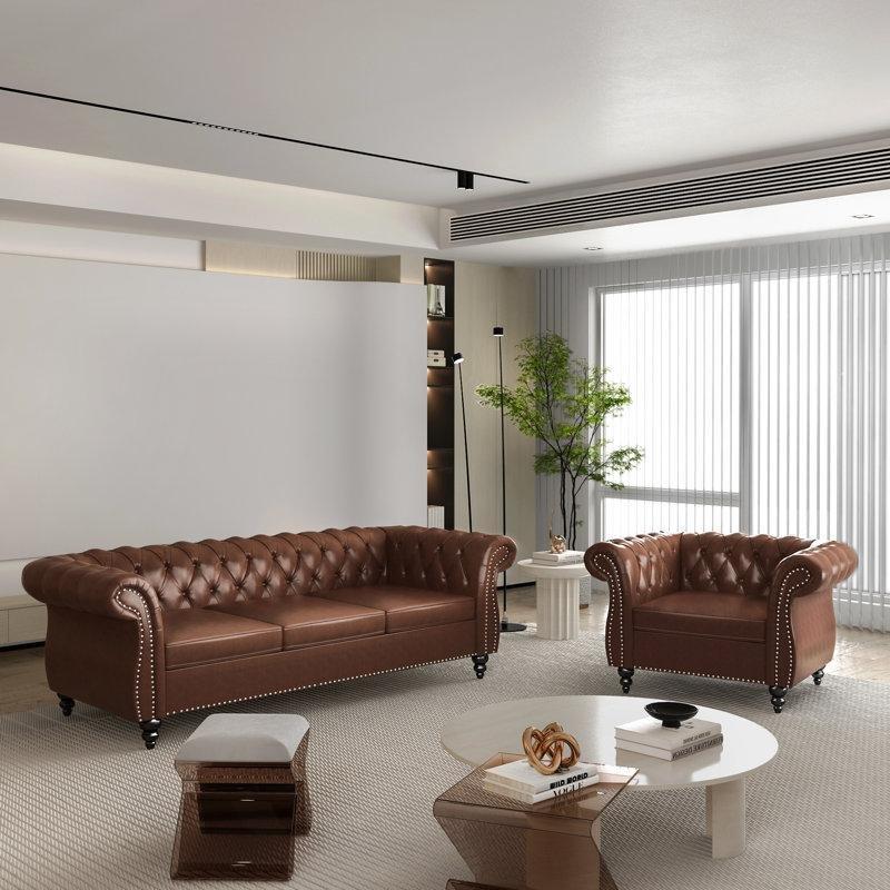 Kahverengi Suni Deri Chester Metal Zımbalı Koltuk Takımı - 192205