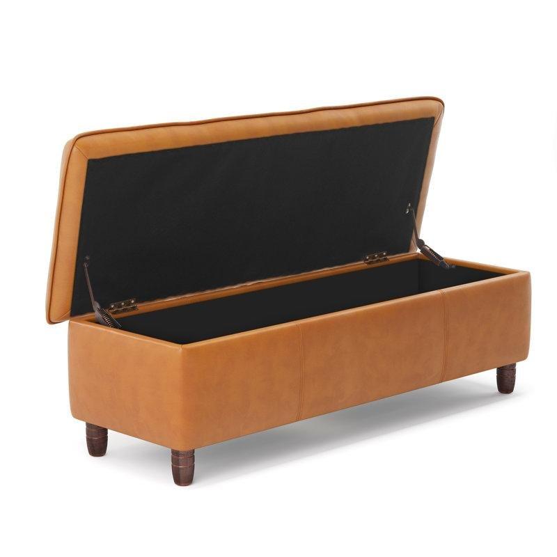 Kahverengi Suni Deri Döşemeli Masif Ahşap Sandıklı Bench - 124 cm - 164572