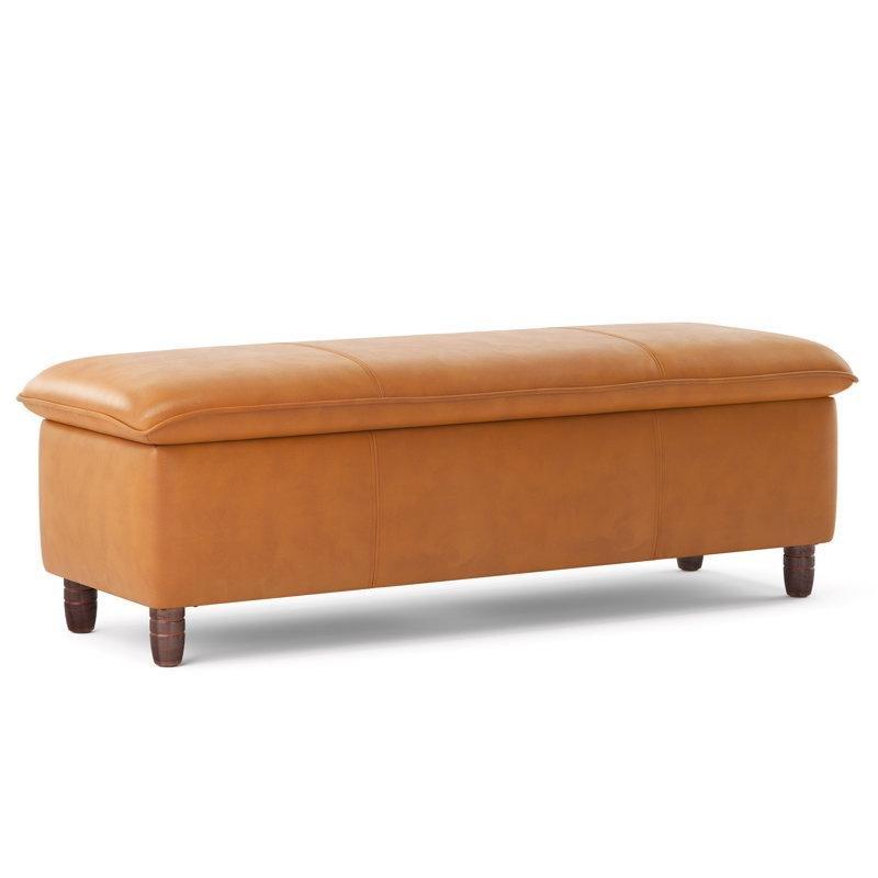 Kahverengi Suni Deri Döşemeli Masif Ahşap Sandıklı Bench - 124 cm - 164572
