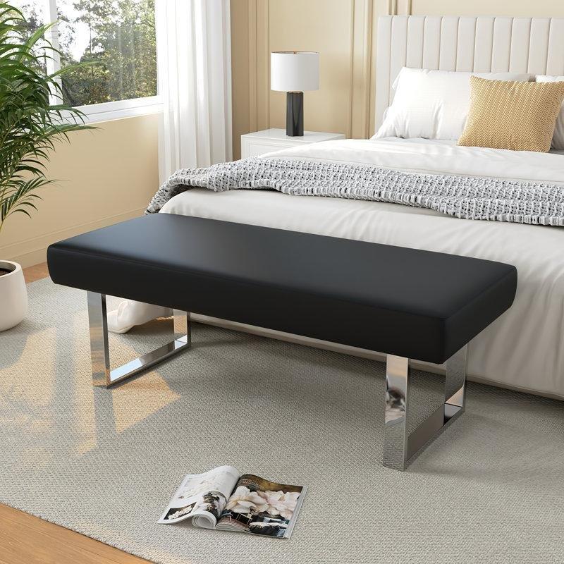 Kahverengi Suni Deri Döşemeli Paslanmaz Çelik Ayaklı Modern Bench - 140x41 cm - 164158