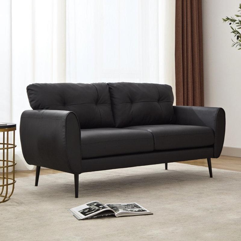 Kahverengi Suni Deri Düğme Kapitoneli Masif Ahşap Ayaklı İkili Koltuk - 155 cm - 196351