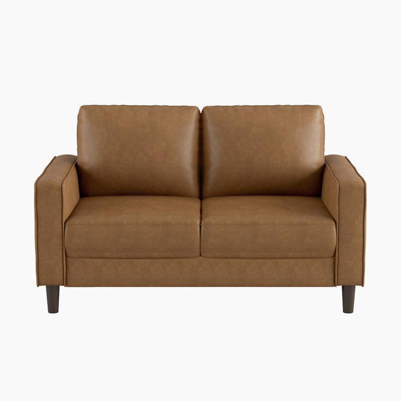 Kahverengi Suni Deri Düz Kollu İkili Koltuk - 138 cm - 196965