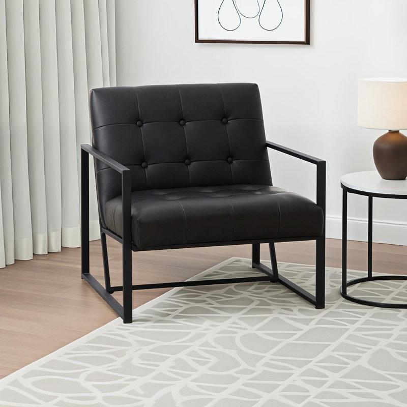 Kahverengi Suni Deri Kapitoneli Kızak Ayaklı Tekli Koltuk - 75x75 cm - 203153