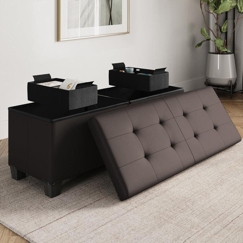 Kahverengi Suni Deri Kapitoneli Sandıklı Katlanabilir Puf - 76x38 cm - 164935