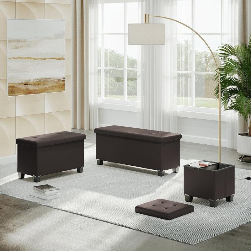 Kahverengi Suni Deri Kapitoneli Sandıklı Katlanabilir Puf - 76x38 cm - 164935