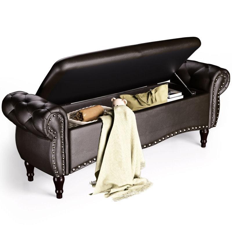 Kahverengi Suni Deri Kapitoneli Sandıklı Kollu Bench - 131 cm - 164338