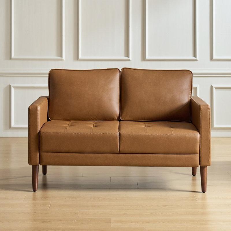 Kahverengi Suni Deri Kapitoneli ve Zımba Detaylı Masif Ahşap Ayaklı İkili Koltuk - 135 cm - 196751