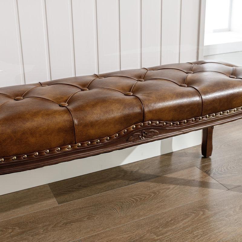 Kahverengi Suni Deri Kapitoneli Zımba Detaylı Oymalı Masif Ahşap Cabriole Ayaklı Bench - 115 cm - 164116