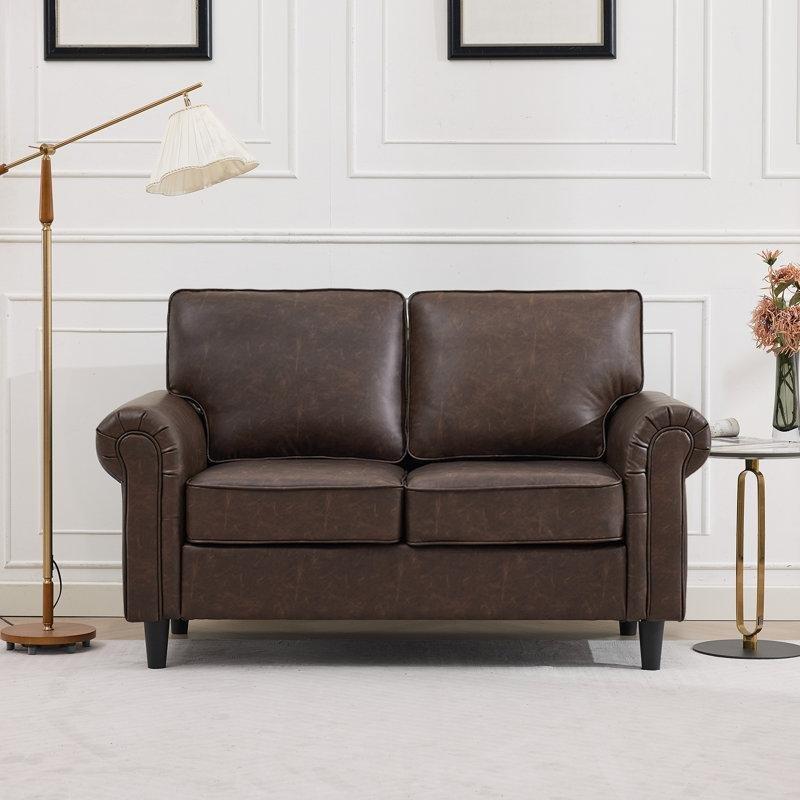 Kahverengi Suni Deri Kıvrımlı Kolçaklı İkili Koltuk - 155 cm - 205474