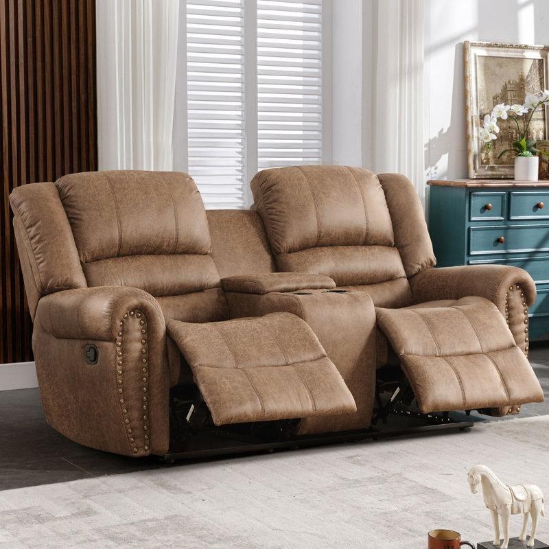 Kahverengi Suni Deri Konsollu Manuel Mekanizmalı İkili Koltuk - 195 cm - 208462