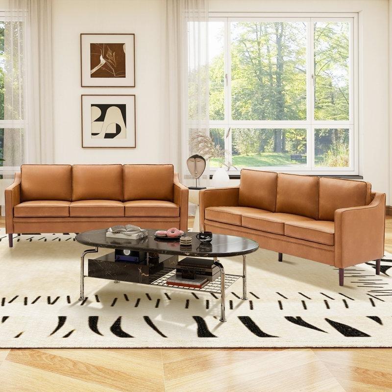 Kahverengi Suni Deri Masif Ahşap Ayaklı 2li Set Koltuk Takımı - 204 cm - 191323