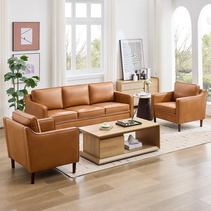 Kahverengi Suni Deri Masif Ahşap Ayaklı 3 Parça Koltuk Takımı - 191980