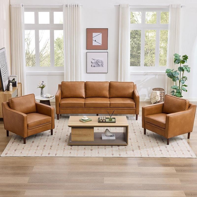 Kahverengi Suni Deri Masif Ahşap Ayaklı 3 Parça Koltuk Takımı - 191980