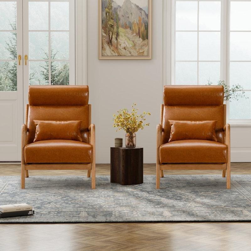 Kahverengi Suni Deri Masif Ahşap Ayaklı Bel Yastıklı 2li Set Tekli Koltuk - 67 cm - 203716