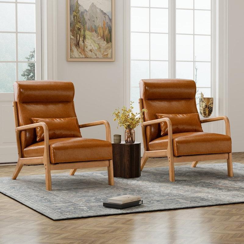 Kahverengi Suni Deri Masif Ahşap Ayaklı Bel Yastıklı 2li Set Tekli Koltuk - 67 cm - 203716