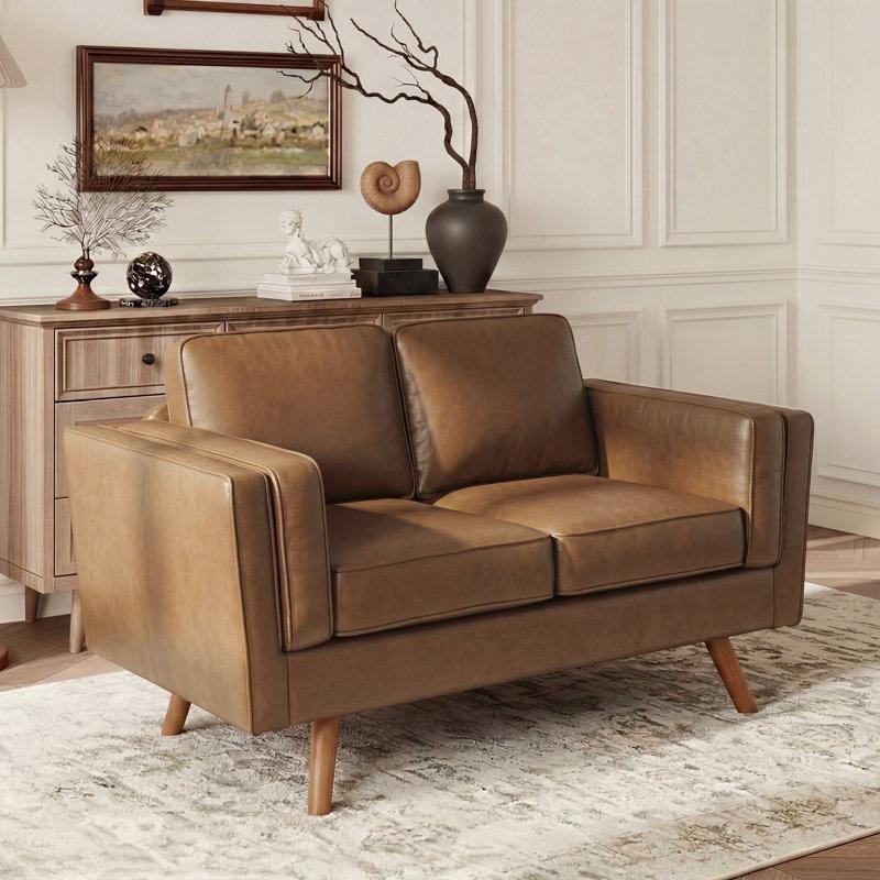 Kahverengi Suni Deri Masif Ahşap Ayaklı İkili Koltuk - 158 cm - 205612