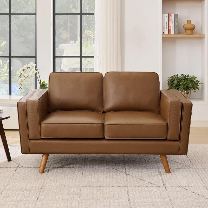 Kahverengi Suni Deri Masif Ahşap Ayaklı İkili Koltuk - 158 cm - 205612