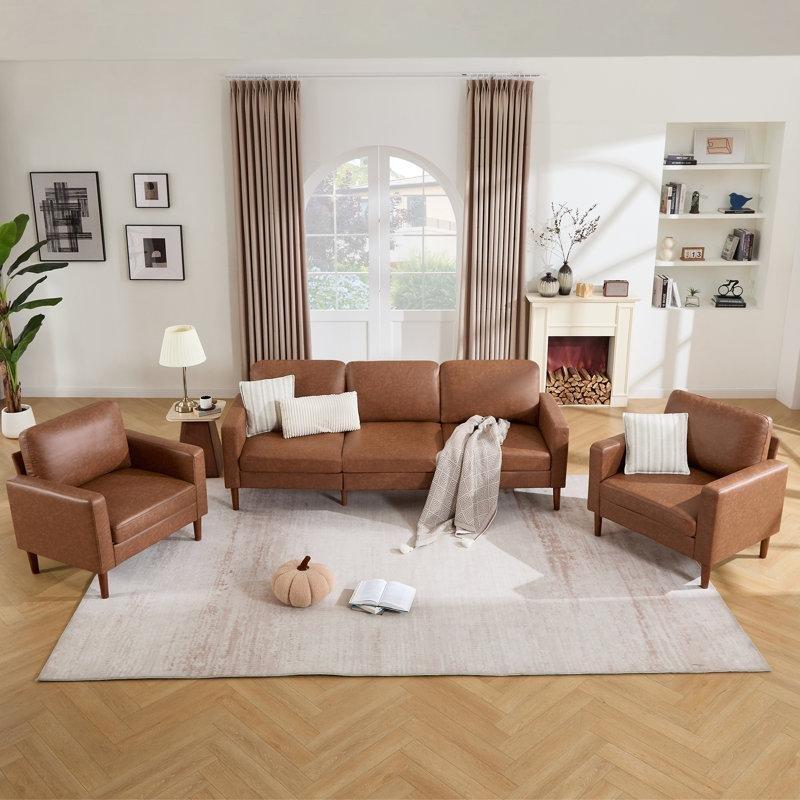 Kahverengi Suni Deri Masif Ahşap Ayaklı Kapitoneli 3 Parça Koltuk Takımı - 233 cm - 191483