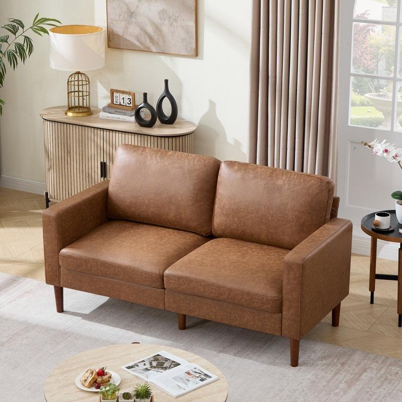Kahverengi Suni Deri Masif Ahşap Ayaklı Köşeli Kolçaklı İkili Koltuk - 166 cm - 196435