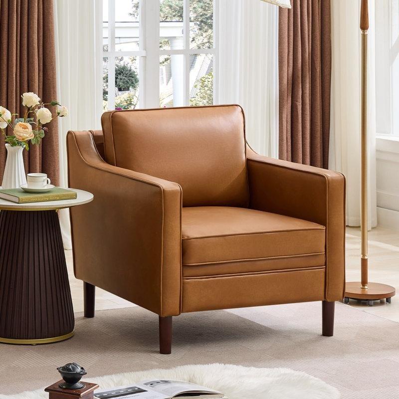 Kahverengi Suni Deri Masif Ahşap Ayaklı Modern Tekli Koltuk - 81 cm - 202577