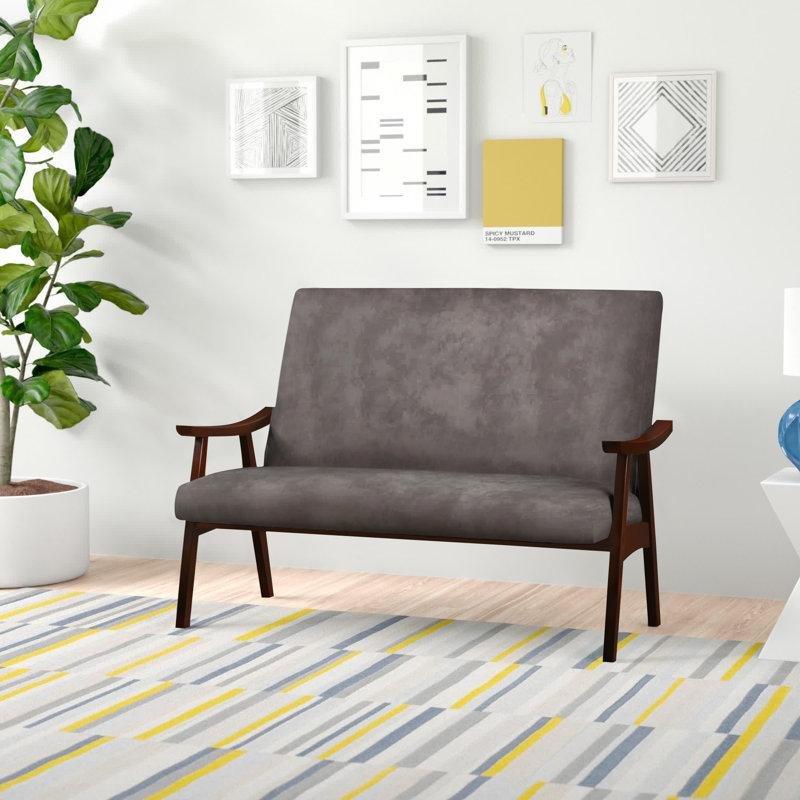 Kahverengi Suni Deri Masif Ahşap İskandinav İkili Koltuk - 119 cm - 206431